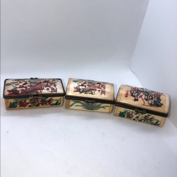 Set of 3 Chinese Cow Bone Carved Gift Box Trinket Box W/Hand Painted . - Picture 1 of 9